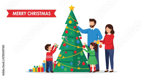 Happy family decorating a christmas tree together with presents underneath and a merry christmas banner