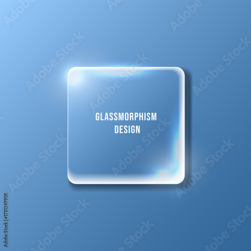 A square glassmorphism design on a blue background. The frosted glass effect with smooth highlights and subtle shadows gives a clean, modern, and transparent appearance