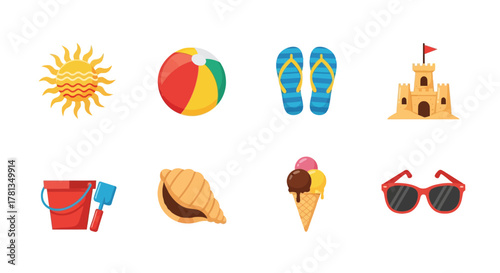 Bright summer icons: beach ball, sandcastle, and more in vibrant cartoon style