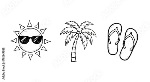 Black and white summer doodle icons of sun, palm tree, and flip flops