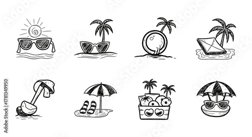 Hand-drawn summer icons: beach, palm trees, and sunglasses in doodle art style