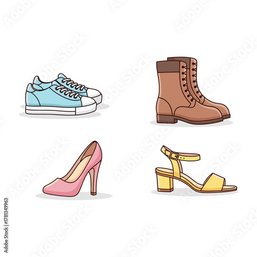 Set of Stylish Footwear Sneakers Boots Heels and Sandals Illustration