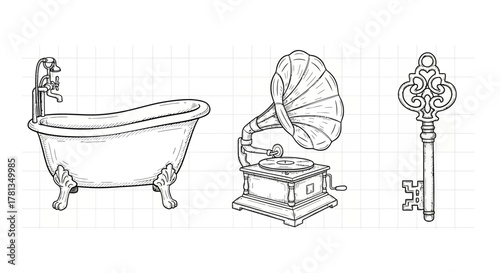 Vintage objects sketch: clawfoot bathtub, gramophone, ornate key on grid background