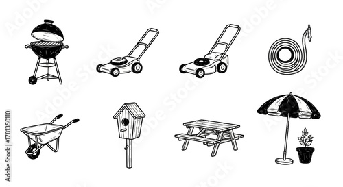 Hand drawn outdoor garden tools and furniture set