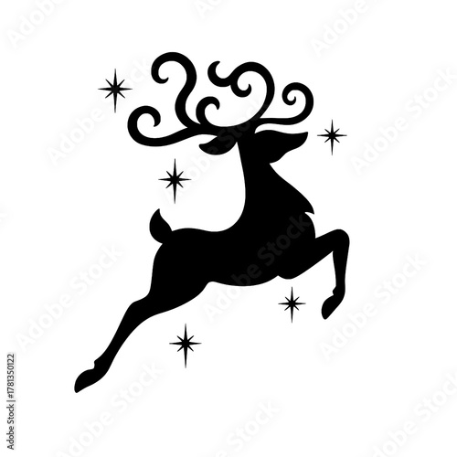 Reindeer Silhouette with Decorative Antlers and Stars Vector Illustration

 

 
