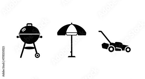 Silhouette icons of barbecue grill, garden umbrella, and lawn mower