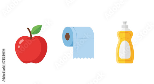 Essential household items: apple, toilet paper, and dish soap icons