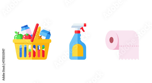 Essential items: groceries, cleaning supplies, and personal care in flat design