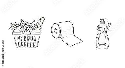 Outline drawings of grocery basket, toilet paper, and soap bottle essentials