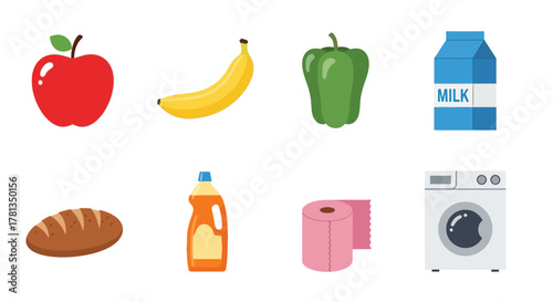 Essential groceries and household items in modern flat design