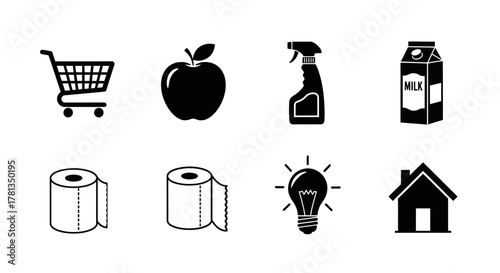 Essential silhouette icons for daily life: shopping, food, cleaning, and home