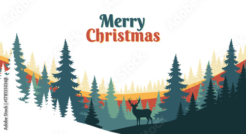 Merry christmas greeting with a silhouette of a deer in a pine forest landscape