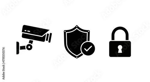 Security symbols: cctv camera, shield, and padlock in silhouette style