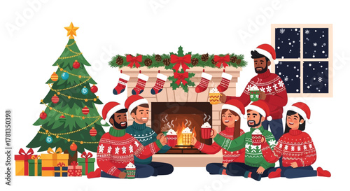 Diverse group of friends and family celebrating christmas together by a warm fireplace with hot drinks