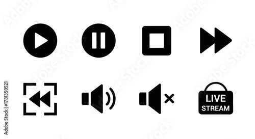 Set of minimalist media control icons for digital interfaces and streaming
