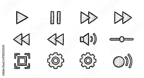 Hand drawn media control icons set for user interface design