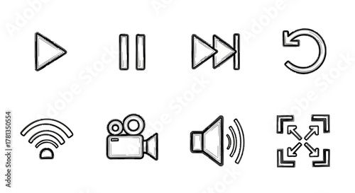 Outline media control icons set featuring playback and multimedia symbols