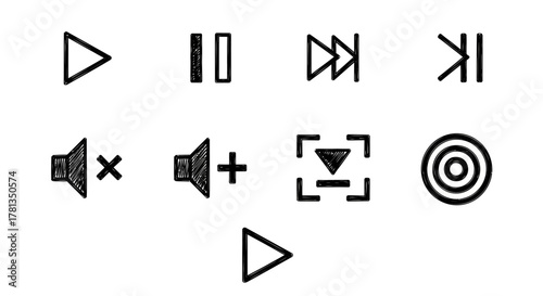 Hand drawn media control icons set for audio and video interfaces