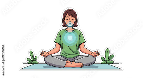 Woman in lotus position meditating with glowing aura on transparent background