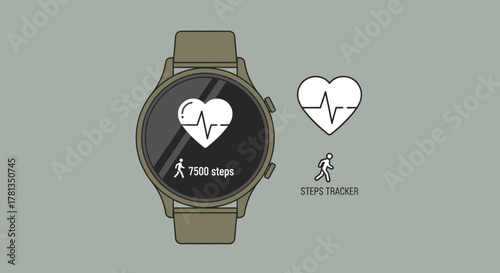 Smartwatch displaying heart rate and step count on transparent background