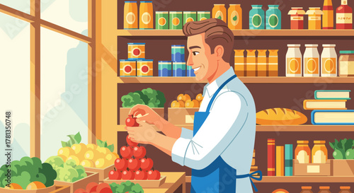 Man in apron arranging produce in grocery store on transparent background