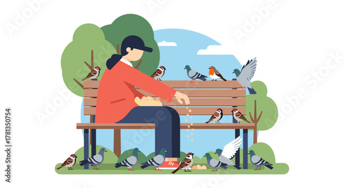 Person feeding birds on a park bench on transparent background