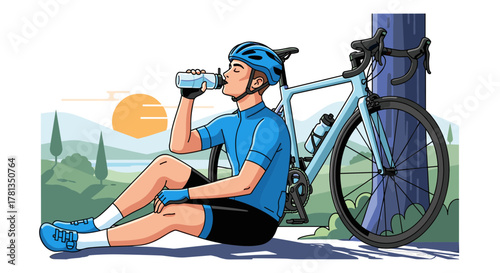 Cyclist drinking water next to bike in outdoor setting on transparent background