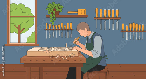 Man carving wood at a workbench with tools displayed on the wall on transparent background