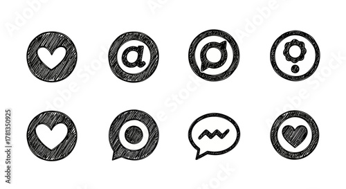 Hand-drawn social media icons set with heart, chat, and notification symbols