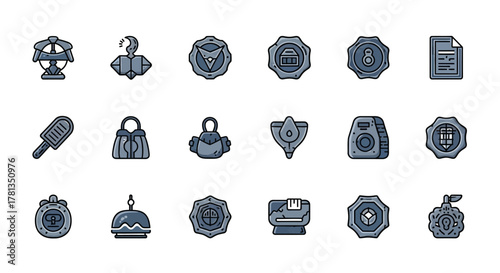 Vintage badge icons set featuring diverse objects and symbols in modern color scheme
