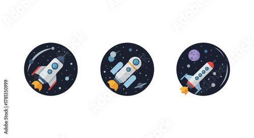 Space-themed rocket icons on starry background in circular frame