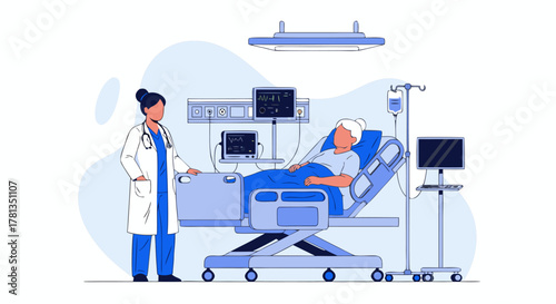 Intensive care unit scene with a doctor and an elderly patient connected to vital signs monitors in a modern clinic