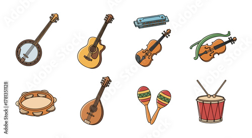 Colorful musical instruments collection featuring popular strings and percussion