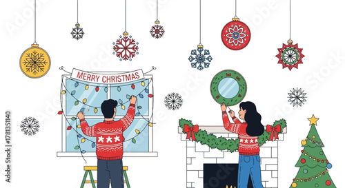 Couple decorating for christmas hanging lights on window and wreath above fireplace