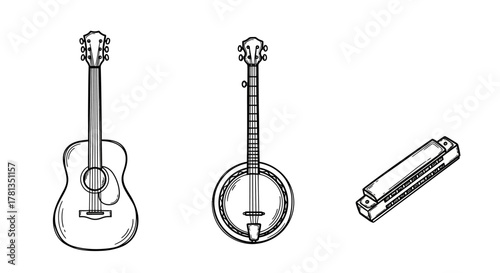 Set of musical instruments: acoustic guitar, banjo, and harmonica in linear style