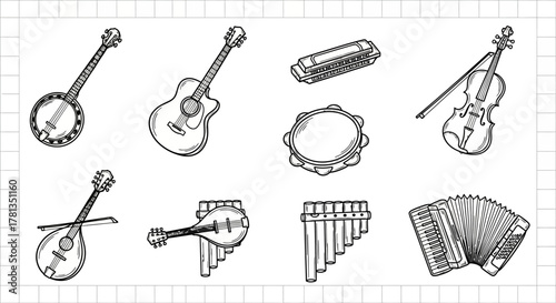 Black and white musical instrument sketch collection featuring strings and percussion