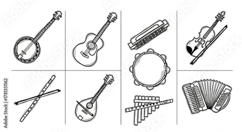 Hand drawn musical instruments set with violin and guitar