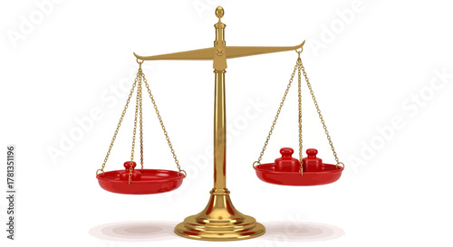 Gold balance scale with red weights: justice and equality concepts in 3d design