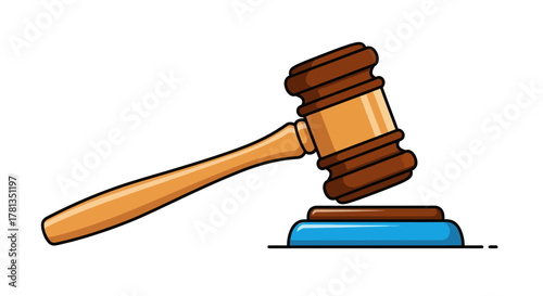 Colorful wooden gavel on blue base in playful style for legal or auction themes