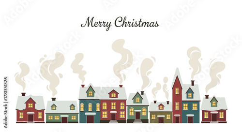 Charming snowy village scene with cozy houses emitting smoke under a merry christmas greeting