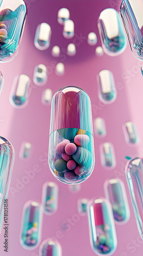 Floating capsules filled with colorful pills create vibrant visual effect against pink background, evoking sense of curiosity and wonder future science of medicine 
