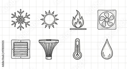 Hand-drawn hvac and climate control doodle icons on grid background
