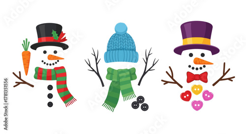 Colorful snowmen characters with hats and scarves for winter holiday decor