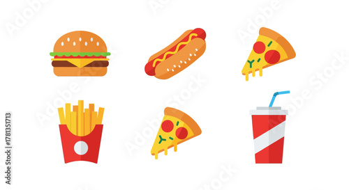 Colorful fast food icons: burger, hot dog, pizza, fries, drink in flat style