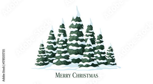 A cluster of snow covered evergreen trees with the words merry christmas below them