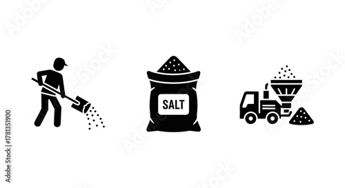 Salt production icons: worker, bag, truck in silhouette style