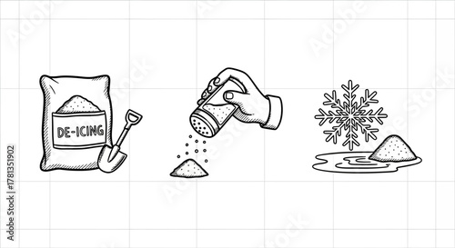 De-icing techniques: hand drawn salt, snowflake, shovel and salt bag