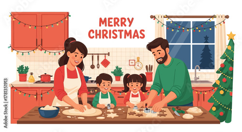 Happy family baking christmas cookies together in a festive kitchen decorated with lights and a tree