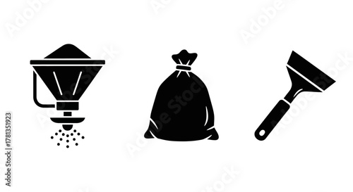 Silhouette icons of kitchen funnel, sack, and scraper on white background