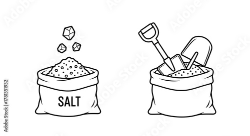 Black and white outline of salt and sand bags with shovels and ice cubes